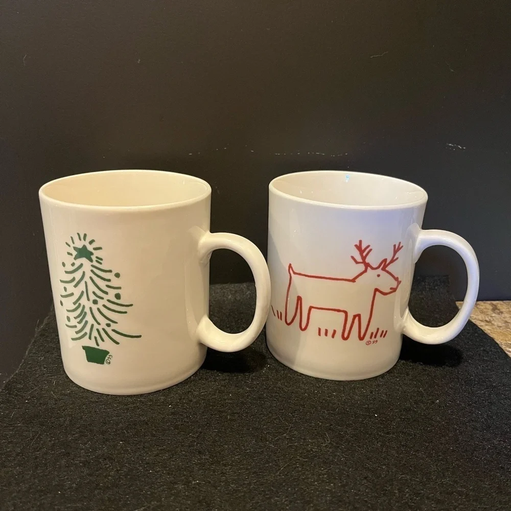Crate&Barrel Christmas Tree and Reindeer Holiday Mug Set by Trish Richman 16 oz.